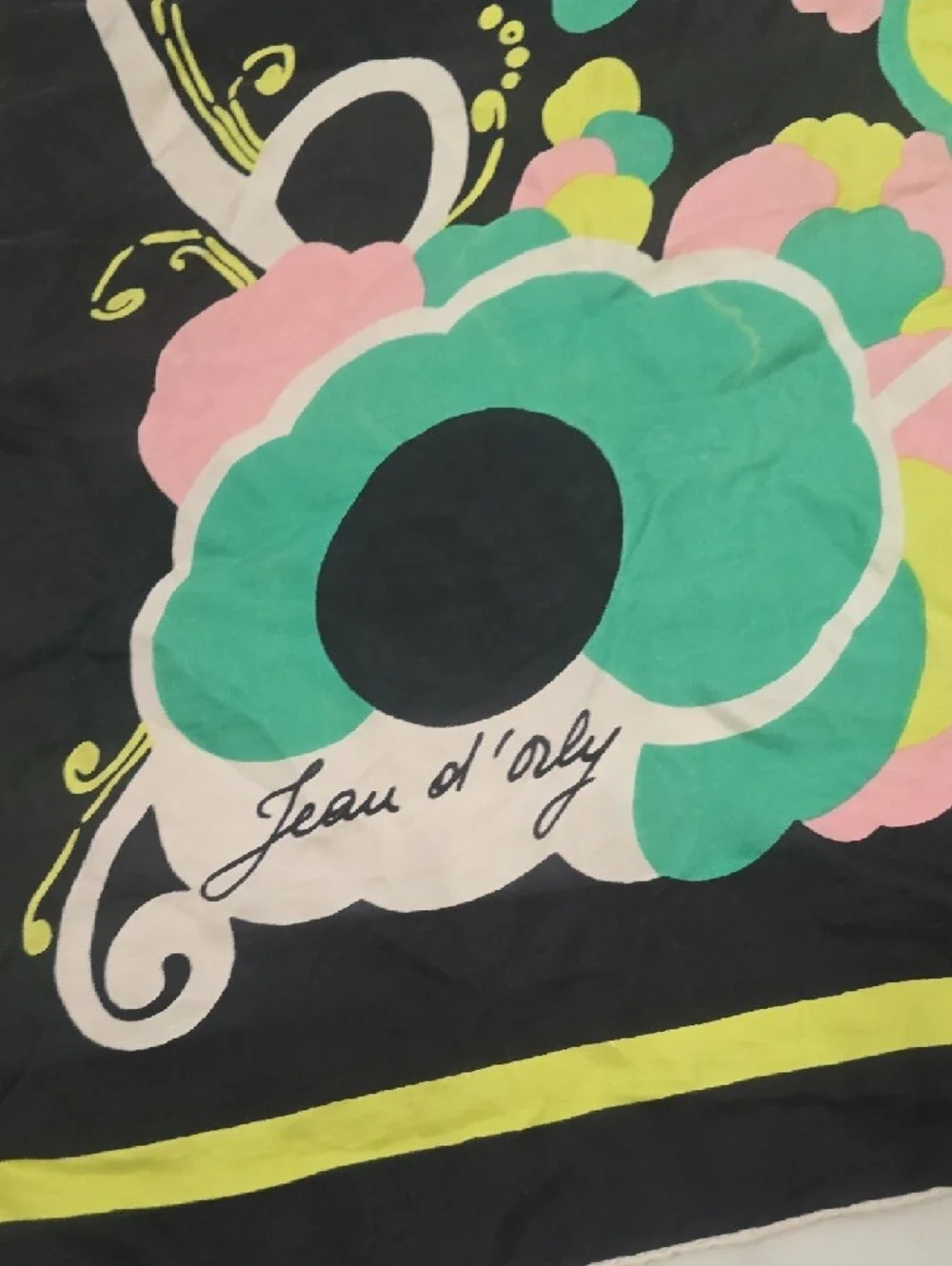 Black Floral‎ Print Silk Scarf — Pink, Green & Yellow